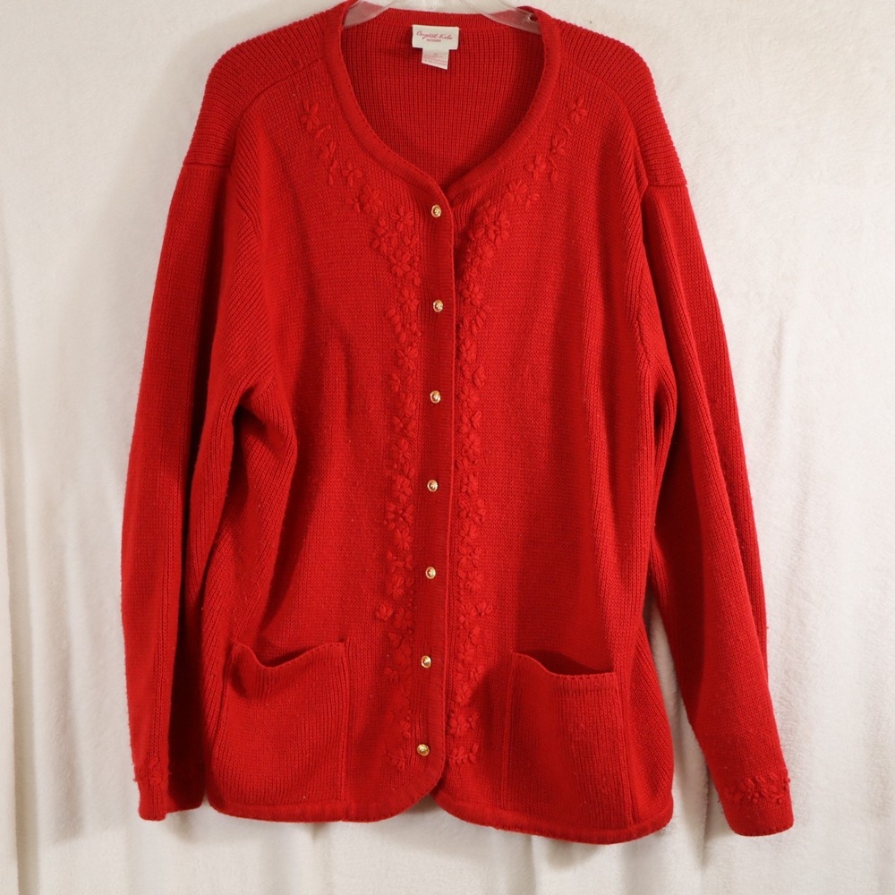 Women's Red Knit Cardigan w/Floral Embroidery – Button Front, Pockets, Sz 1X